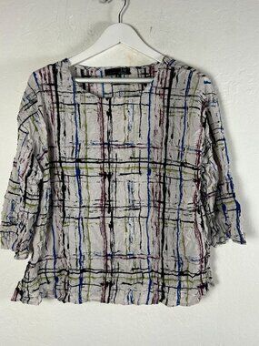 Liv By Habitat Womens Crinkle 3/4 Sleeve Top Plaid Abstract Print Medium Multi